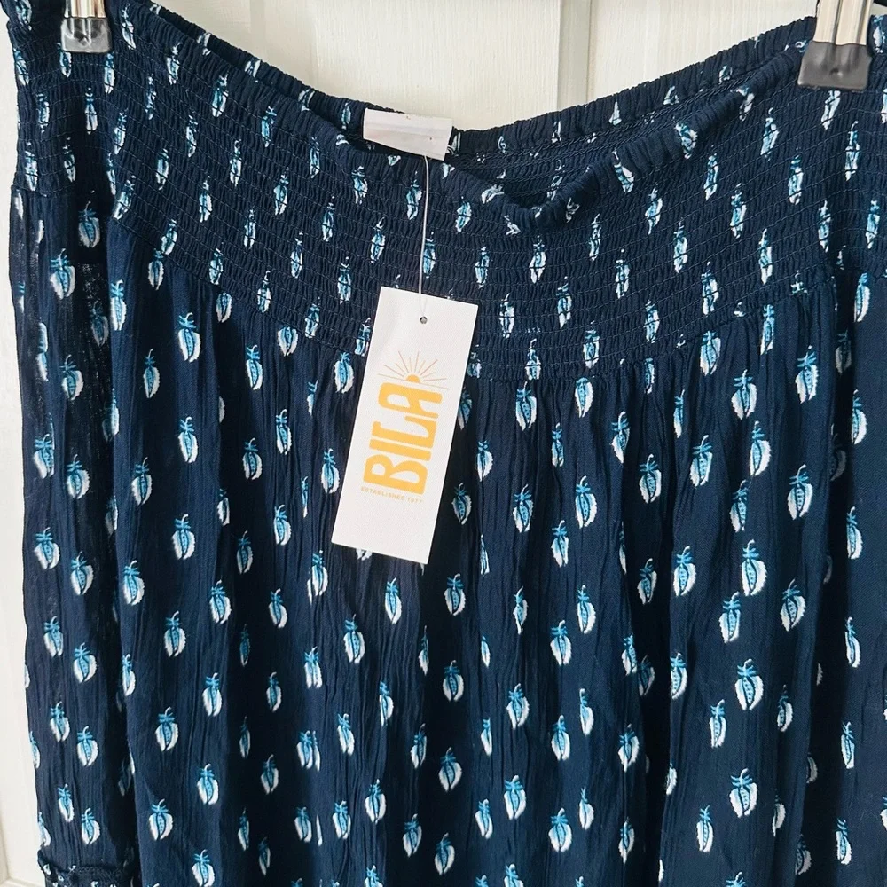 NEW! BILA Nola Tiered Maxi Skirt Boho Indian Block Print Blue Paisley Size L